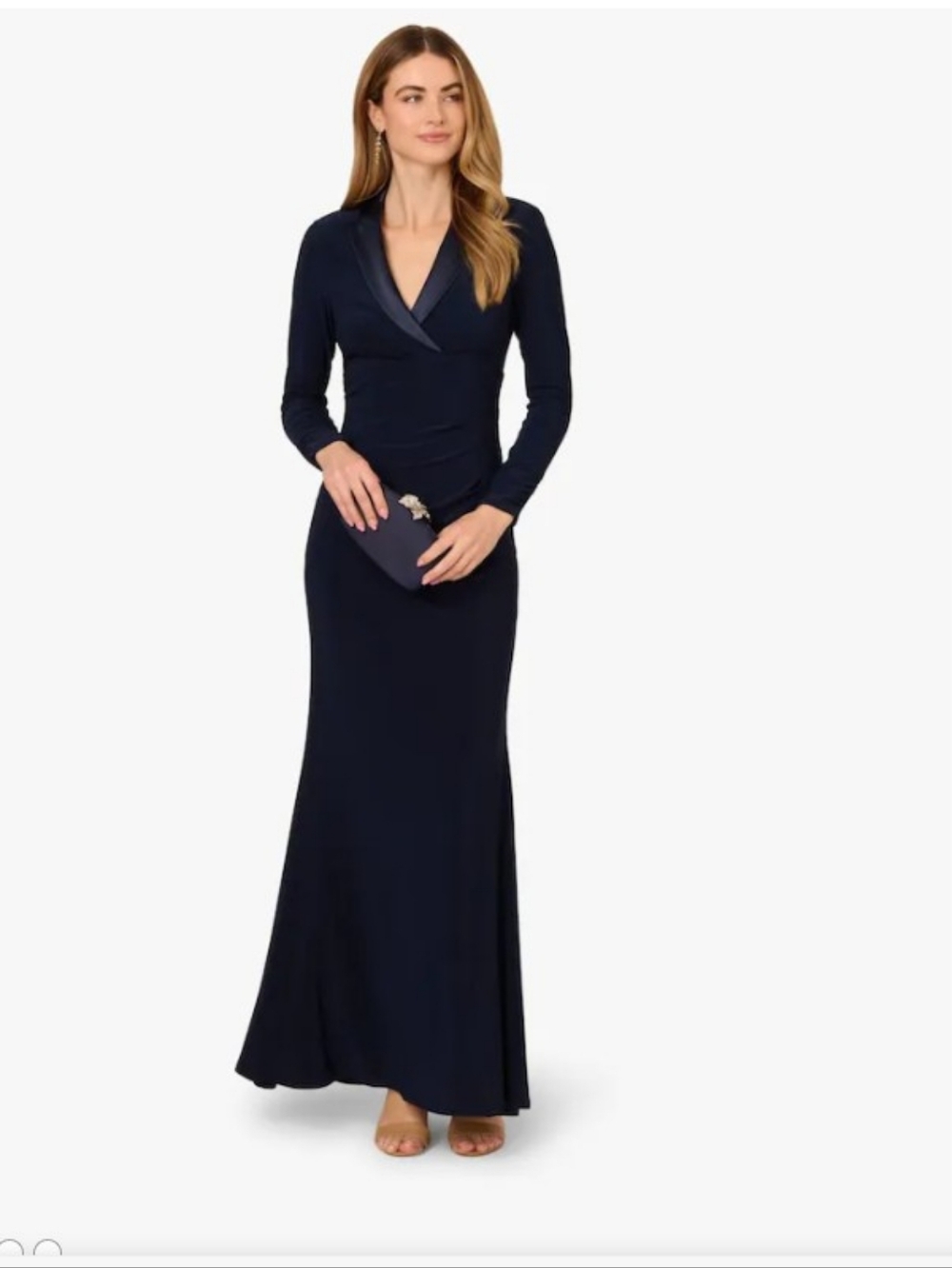 Adrianna Papell Navy Long-Sleeve V-Neck Satin-Trim Ma And I'mxi Dress,*197*I